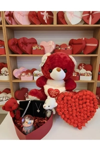 Aşk Kutusu Hediye Seti – Kırmızı Peluş Ayıcık & Takı Koleksiyonu